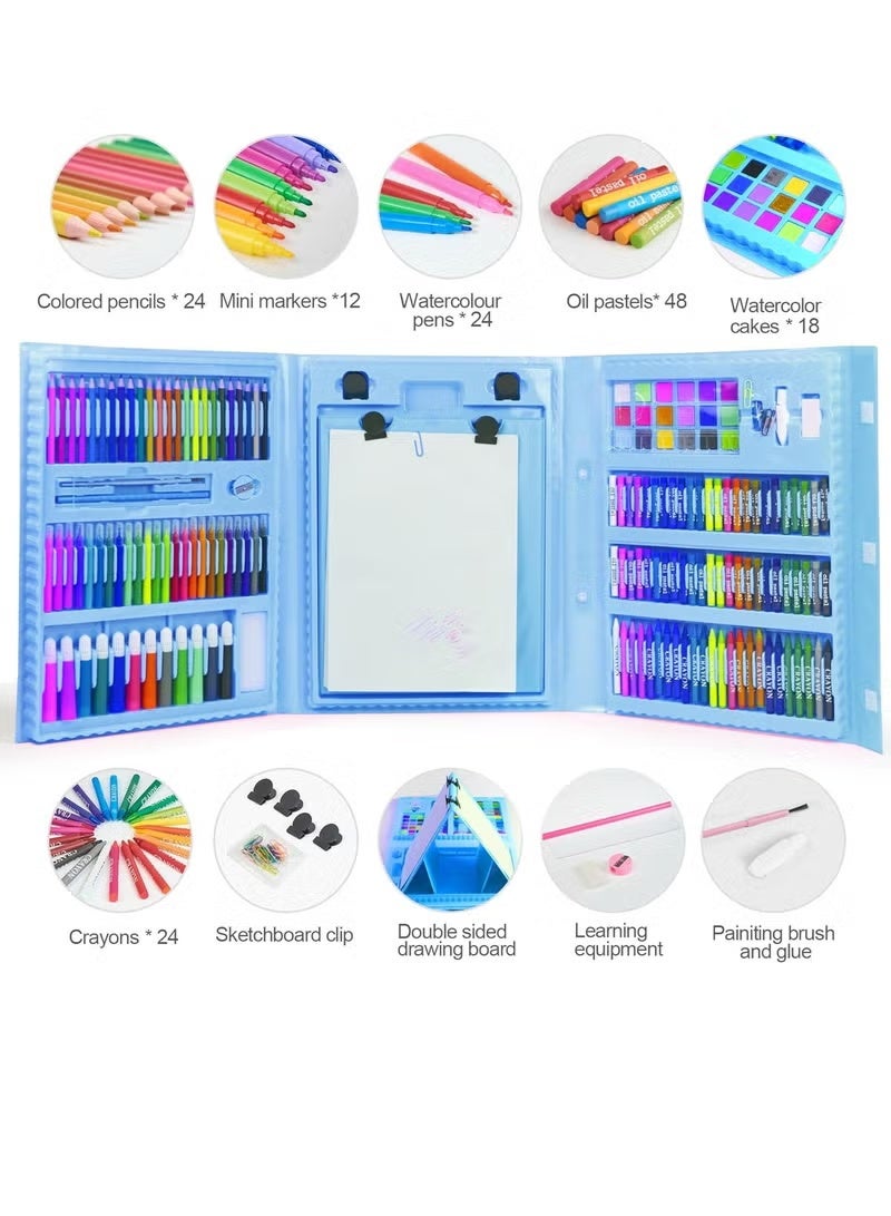 208-piece art set for children, art supplies, art drawing kits with oil pastels, colored pencils, crayons, paintbrushes, watercolor cakes, portable coloring set for children, creative gift box (blue) - Image 2